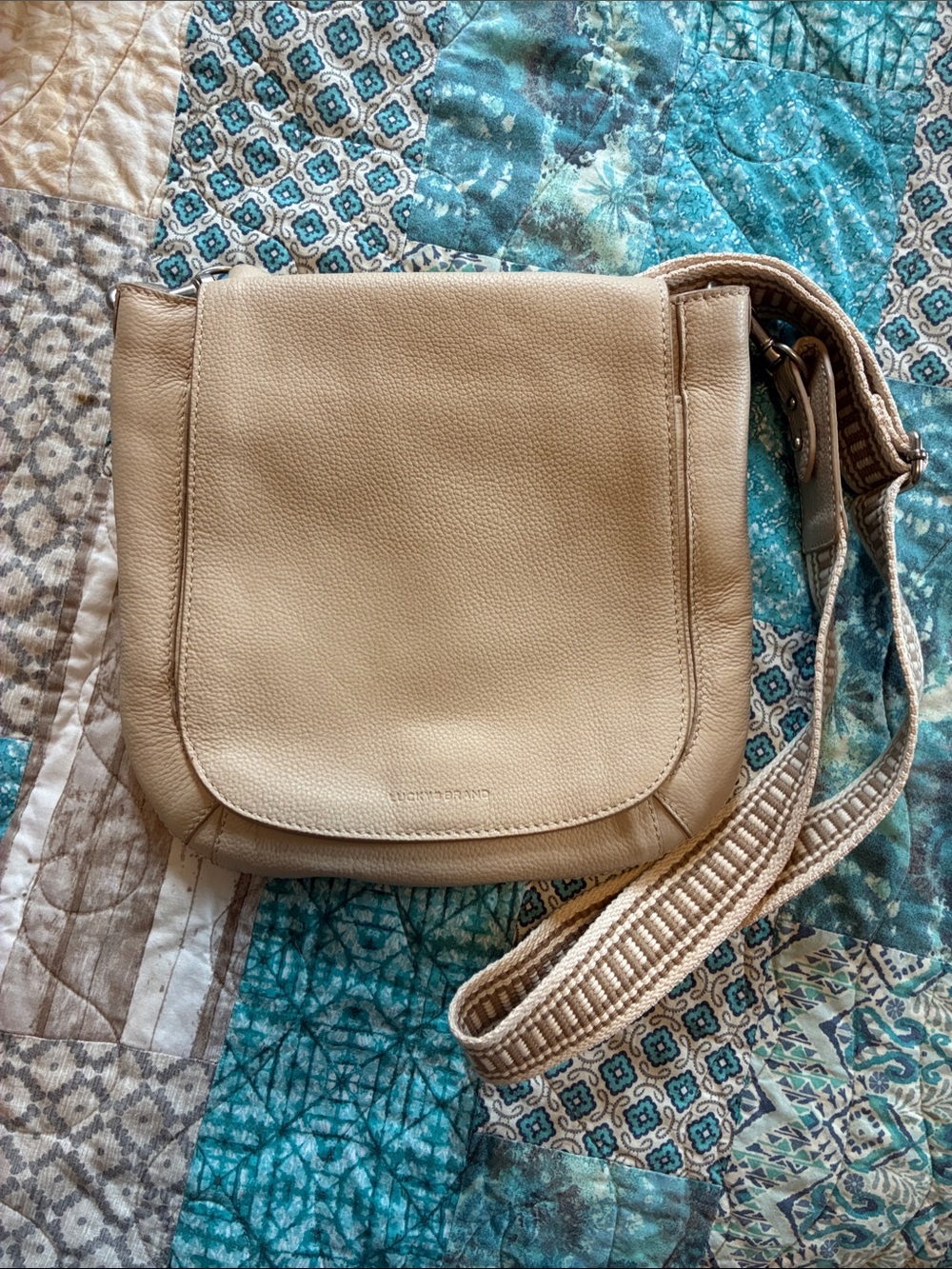 Lucky Brand Beige Leather Crossbody Bag with Woven Strap